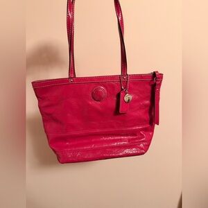 Coach Signature Stripe Stitched Tote in berry pink patent leather
